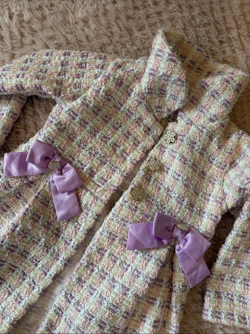Girls' Pastel Plaid Tweed Coat with Lilac Bows